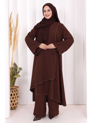 Bym Fashion Biyeli Uzun Tunik Pantolon Takım 8005 Kahverengi