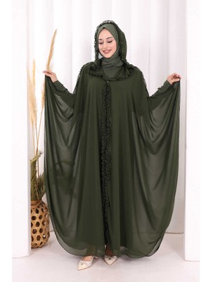 Bym Fashion Kapişonlu Belirli Kısımları Fırfır Detaylı Abayalı Elbise Takım 3778 Haki