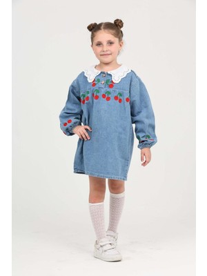 Butik Kız Çocuk Dantelli Yaka Kiraz Nakışlı Kot Elbise – Uzun Kollu, Rahat Kesim, Günlük ve Özel Gün Elbisesi