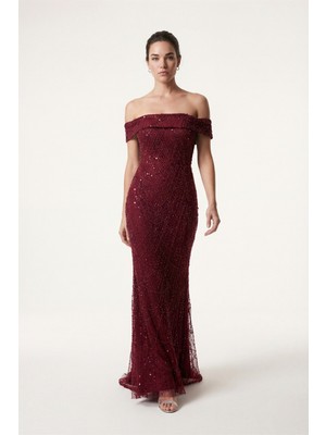 Lafaba Kadın Bordo Kayık Yaka Boncuklu Uzun Abiye Elbise