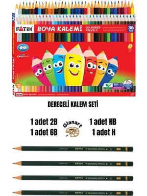 Glanart Dereceli Resim Kalemi Seti(2b,6b,h,hb) + 36 Renk Kuru Boya Seti