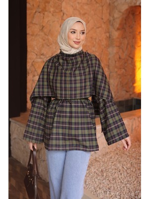 İmaj Butik Haki Ekose Desen Bel Bağlamalı Şal Detay Tunik