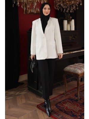 İmaj Butik Ekru Taş Detaylı Astarlı Ceket