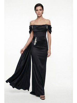 Lafaba Kadın Siyah Dar Kalıp Kayık Yaka Taşlı Uzun Abiye Elbise