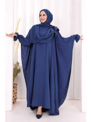 Bym Fashion Pamuk Çiçek Detaylı Elbise Abaya Şal Hediye  8009 Lacivert