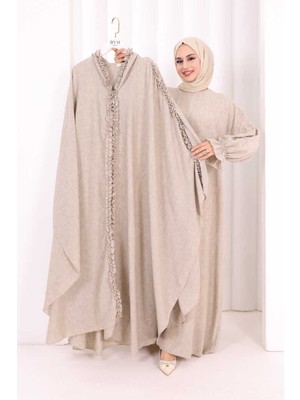 Bym Fashion Keten Pelerinli Elbise Abaya Takım 8021 Vizon