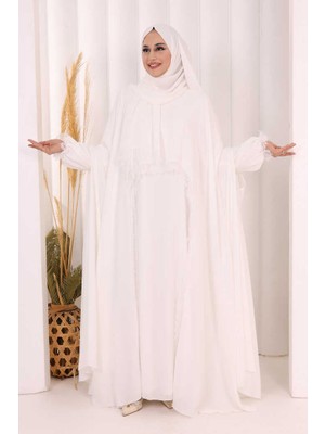 Bym Fashion Dantel Detaylı Elbise Abaya Takım Şal Hediyeli! 6070 Ekru
