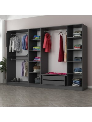 Minar Kale 6 Bölmeli 2 Çekmeceli Giyinme Dolabı Antrasit 210CM