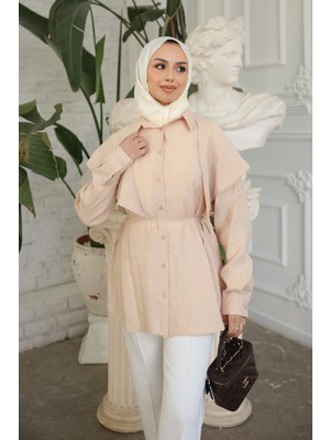 İmaj Butik Bej Soft Dokulu Oversize Modal Gömlek