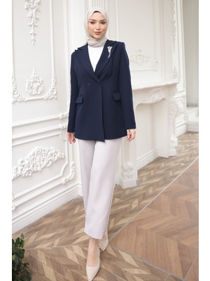 İmaj Butik Lacivert Kravuze Yaka Broş Detaylı Astarlı Ceket