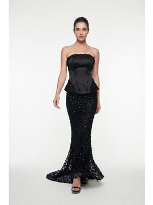 Lafaba Kadın Siyah Dar Kalıp Straplez Yaka Payetli Uzun Abiye Elbise