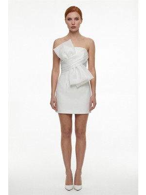 Lafaba Kadın Beyaz Fiyonk Detay Mini Mezuniyet Abiye Elbise