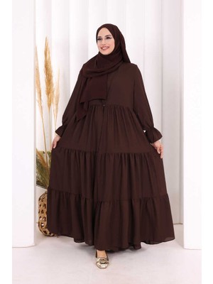 Bym Fashion Kol Lastikli Kat Görünümlü Abayalı Elbise Takım 3859 Kahverengi
