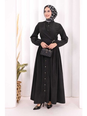 Bym Fashion Broş Detaylı Boydan Düğmeli Elbise 7059 Siyah