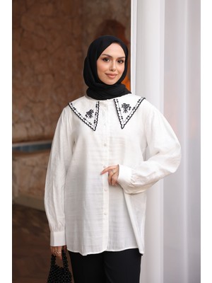 İmaj Butik Ekru NFC-5345 Yaka Nakışlı Düğmeli Gömlek