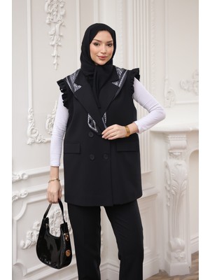 İmaj Butik Siyah Kravuze Yaka Fular Detaylı Yelek