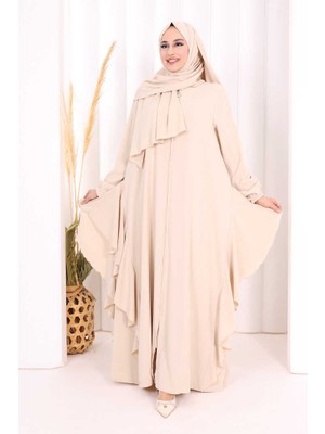 Bym Fashion Umre Yan Fırfır Detaylı Ferace Şal Hediye 7057 Taş