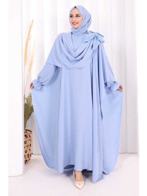 Bym Fashion Pamuk Çiçek Detaylı Elbise Abaya Şal Hediye  8009 Mavi