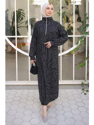İmaj Butik Siyah Yarım Fermuarlı Fitilli Desenli Elbise