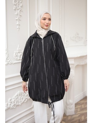 İmaj Butik Siyah Taş Işlemeli Fermuarlı Trençkot