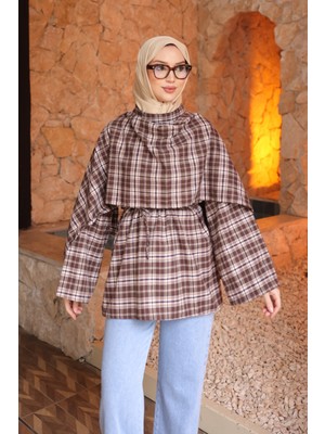 İmaj Butik Vizon Ekose Desen Bel Bağlamalı Şal Detay Tunik