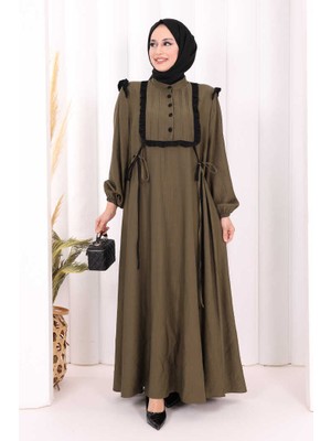 Bym Fashion Bağlamalı ve Fırfır Detaylı Elbise 6064 Haki