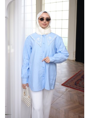 İmaj Butik Bebe Mavi NFC-5345 Yaka Nakışlı Düğmeli Gömlek