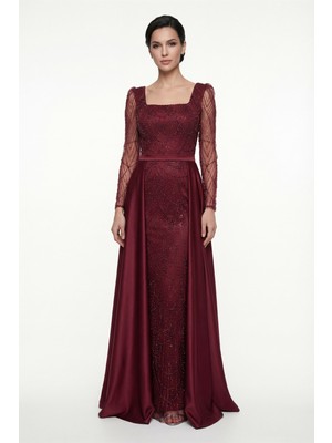 Lafaba Kadın Bordo Dar Kalıp Uzun Kol Taşlı Saten Kuyruk Aksesuarlı Abiye