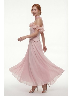 Lafaba Kadın Pudra Fırfır Detaylı Uzun Söz Nişan Nikah Abiye Elbise