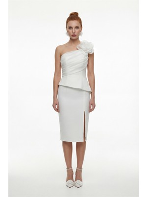 Lafaba Kadın Beyaz Çiçek Detaylı Midi Söz Nişan Nikah Abiye Elbise