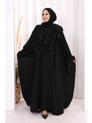 Bym Fashion Pamuk Çiçek Detaylı Elbise Abaya Şal Hediye  8009 Siyah