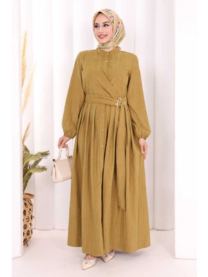 Bym Fashion Broş Detaylı Boydan Düğmeli Elbise 7059 Yağ Yeşili