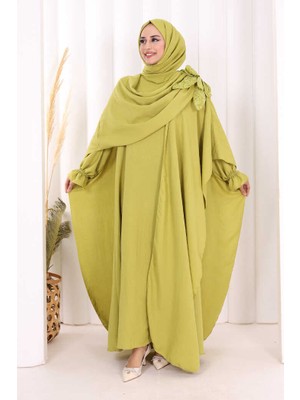 Bym Fashion Pamuk Çiçek Detaylı Elbise Abaya Şal Hediye  8009 Yağ Yeşili