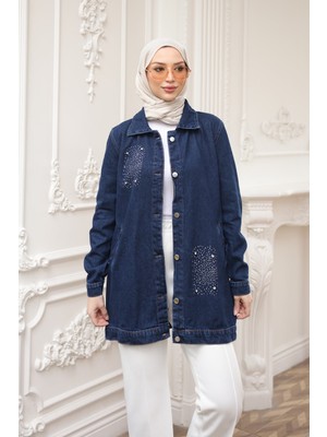 İmaj Butik Lacivert Taşlı Cepli Kot Ceket