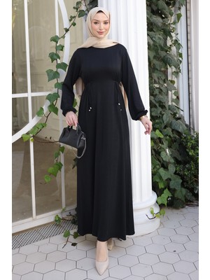 İmaj Butik Siyah Bisiklet Yaka Bel ve Kol Lastikli Bürümcük Elbise