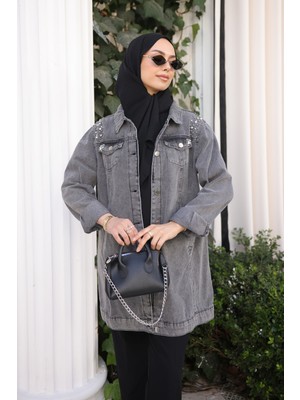 İmaj Butik Füme Inci Işlemeli Kot Ceket