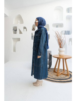 Neways Koyu Mavi Denim Büyük Cepli Ceket Kadın Kolsuz Standart Yaka Özellikli