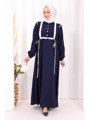 Bym Fashion Bağlamalı ve Fırfır Detaylı Elbise 6064 Lacivert