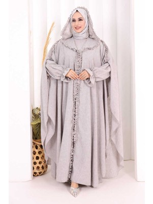 Bym Fashion Keten Pelerinli Elbise Abaya Takım 8021 Açık Gri