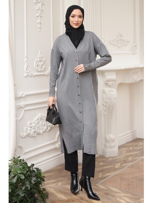 İmaj Butik Gri Soğuk Iplik Düğmeli Triko Hırka