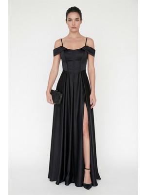 Lafaba Kadın Siyah Dar Kalıp Balen Korse Detay Yırtmaçlı Uzun Saten Abiye