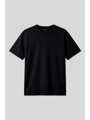 Air Jones Siyah Waffle İnterlok Yüzeyi Dokulu Oversize Fit Basic Erkek T-Shirt - 88379