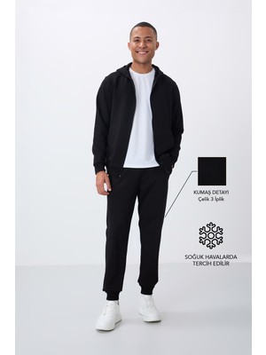 Tommy Life Siyah Kompakt Pamuklu Kalın Pürüzsüz Dokulu Kapüşonlu Comfort Fit Erkek Eşofman Takım - 85262