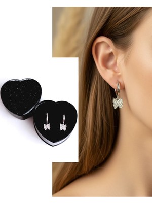 Gümüş Kalp Kutulu Kelebek Tasarım Kadın Küpe Öğretmenler Günü Hediye