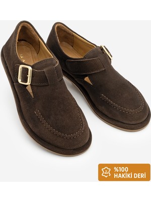 Marjin Kadın Hakiki Deri Loafer Bantlı Maskülen Günlük Ayakkabı Zepar Kahve Süet