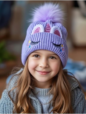 Mollycrush Lila Unicorn Nakışlı Içi Polar Kız Çocuk Kışlık Bere