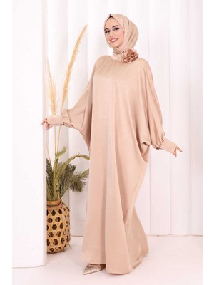 Bym Fashion Yarasa Kol Saten Elbise  Şal  Hediye 7054 Vizon