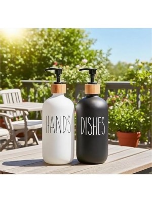 Velora Modern Banyo ve Mutfak Seti, Siyah ve Beyaz Cam Sabunluk ve Deterjan Şişesi, Bambu Kapaklı ve Standlı, 450ML x 2 Adet, 21.3cm Yükseklik, Hands Dishes