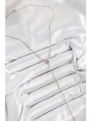 Aesco Pirinç Zirkon Taşlı Pembe Kalp Figürlü Y Model Gümüş Renk Kadın Kolye - Lisinya