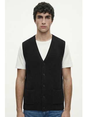 Sementa Çift Cepli Yünlü Triko Yelek - Siyah